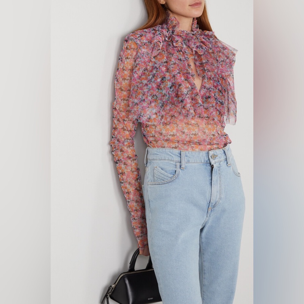 Philosophy di Lorenzo Serafini Ruffled Floral-print‎ Tulle Blouse Pink